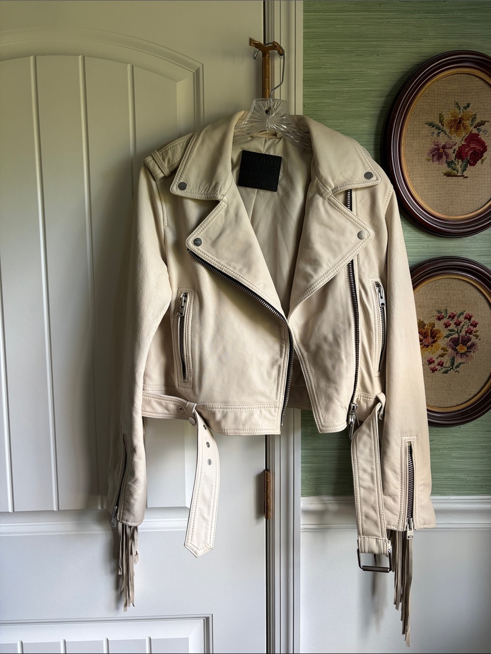 AllSaints Cream Leather Fringe Moto Jacket